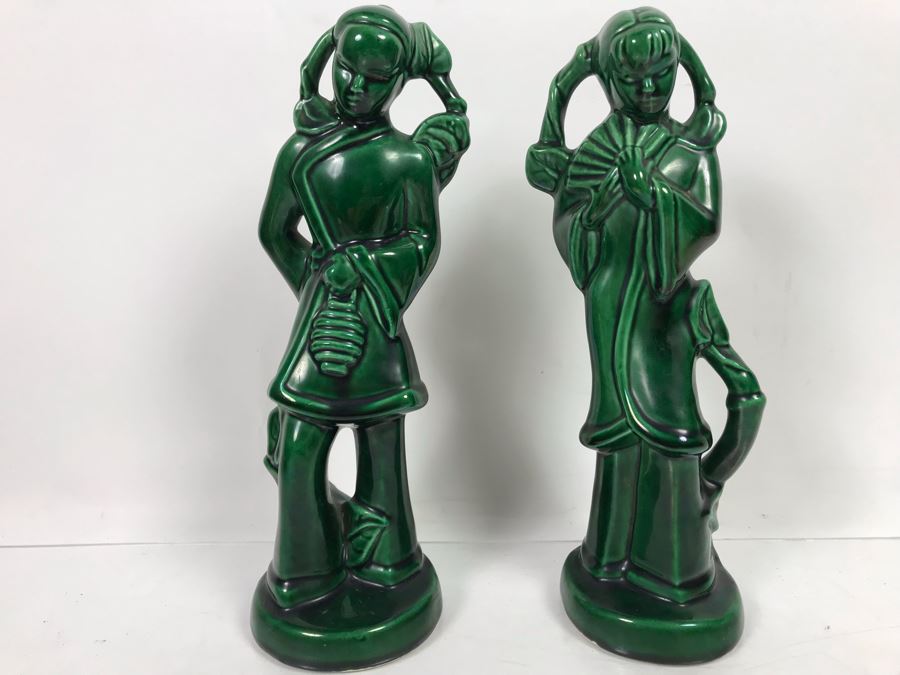 Pair Of United Ceramics California Pottery Asian Figurines Green 11'H [Photo 2]