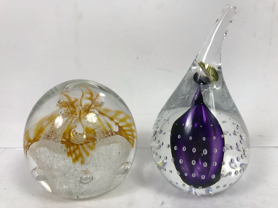Pair Of Art Glass Paperweights: Adam Jablonski Poland And Ciig