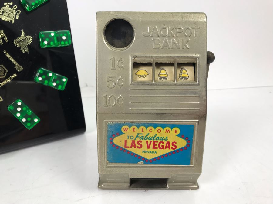 Vintage Las Vegas Casino Dice Clock And Welcome To Las Vegas Jackpot Bank Slot Machine By Reno Plastic Mfg Co Sparks Nevada [Photo 6]