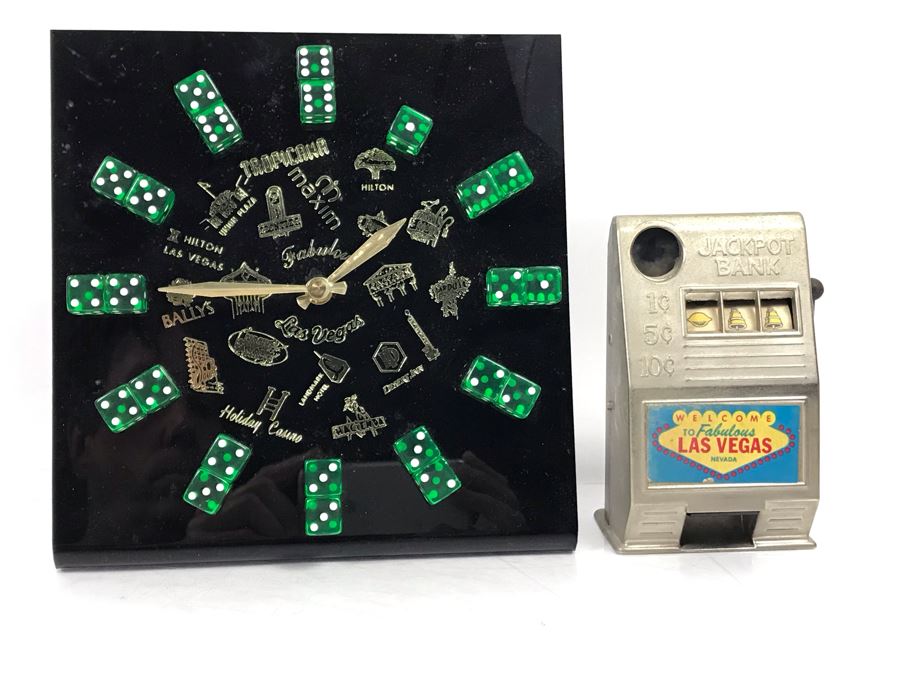 Vintage Las Vegas Casino Dice Clock And Welcome To Las Vegas Jackpot Bank Slot Machine By Reno Plastic Mfg Co Sparks Nevada [Photo 2]