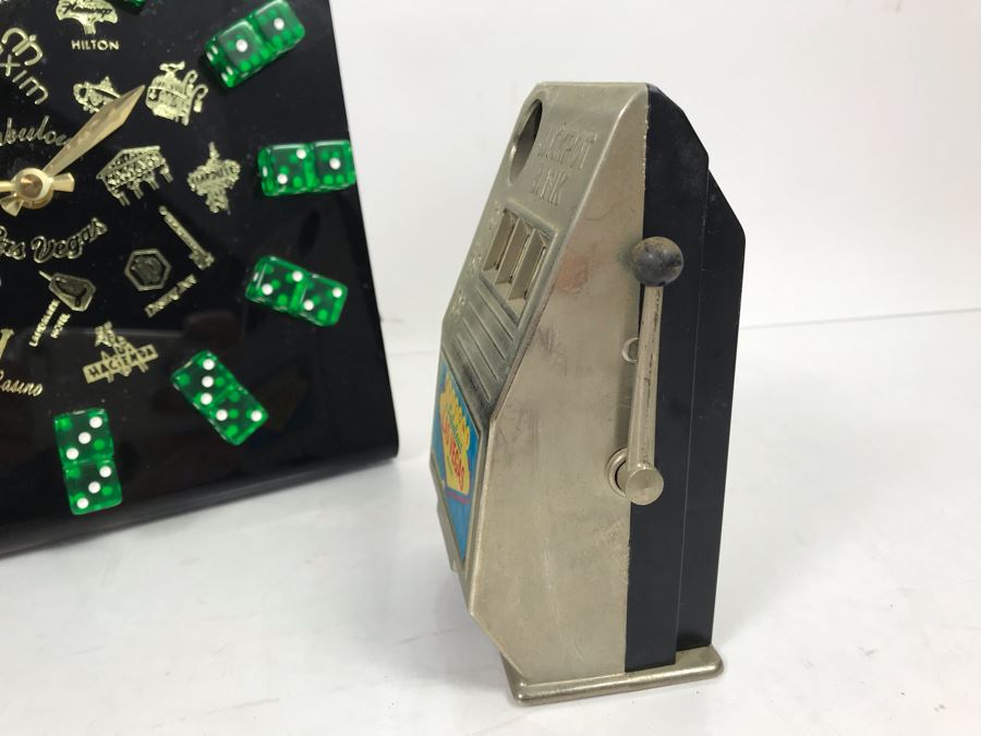 Vintage Las Vegas Casino Dice Clock And Welcome To Las Vegas Jackpot Bank Slot Machine By Reno Plastic Mfg Co Sparks Nevada [Photo 8]