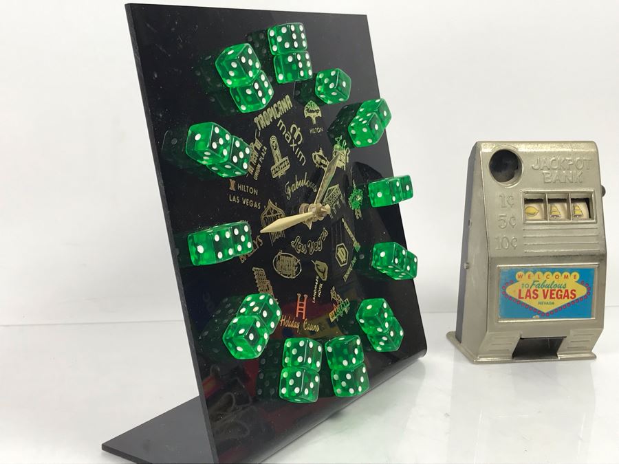Vintage Las Vegas Casino Dice Clock And Welcome To Las Vegas Jackpot Bank Slot Machine By Reno Plastic Mfg Co Sparks Nevada [Photo 3]