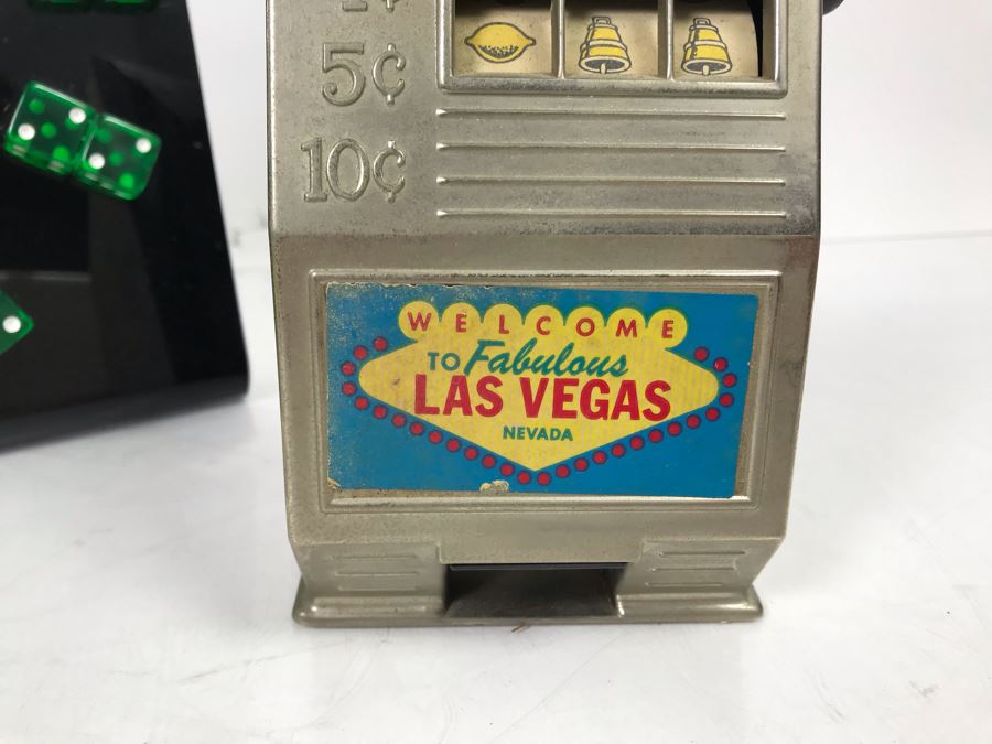 Vintage Las Vegas Casino Dice Clock And Welcome To Las Vegas Jackpot Bank Slot Machine By Reno Plastic Mfg Co Sparks Nevada [Photo 7]