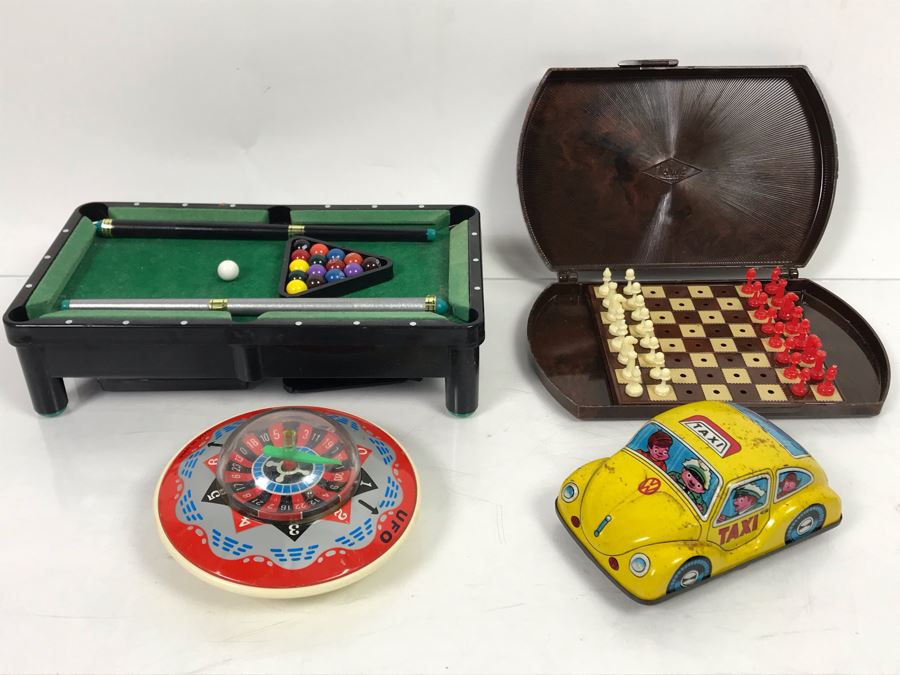 Japan Tin Toy Yellow VW Taxi, UFO Tin Toy Roulette Wheel, Mini Pool Table And Mini Lowe Chess Set [Photo 1]