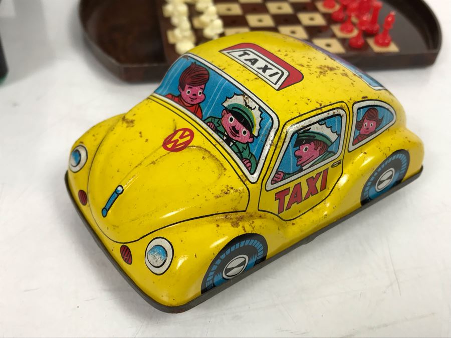 Japan Tin Toy Yellow VW Taxi, UFO Tin Toy Roulette Wheel, Mini Pool Table And Mini Lowe Chess Set [Photo 3]