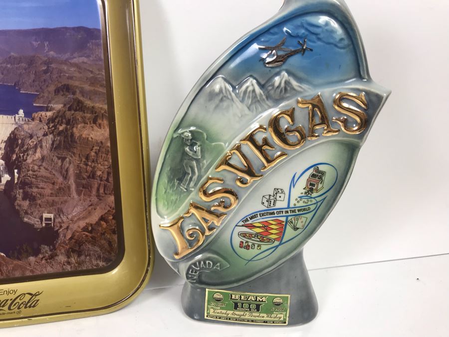 Las Vegas Hoover Dam Jim Beam Liquour Decanter And Coca-Cola Advertising Hoover Dam Tin Tray [Photo 3]