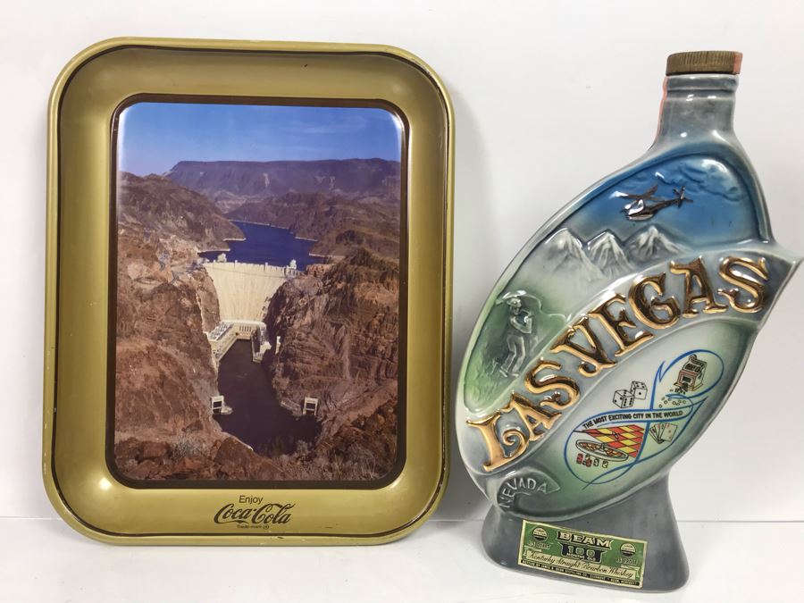 Las Vegas Hoover Dam Jim Beam Liquour Decanter And Coca-Cola Advertising Hoover Dam Tin Tray
