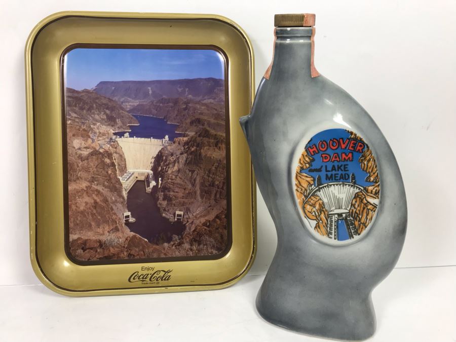 Las Vegas Hoover Dam Jim Beam Liquour Decanter And Coca-Cola Advertising Hoover Dam Tin Tray [Photo 6]