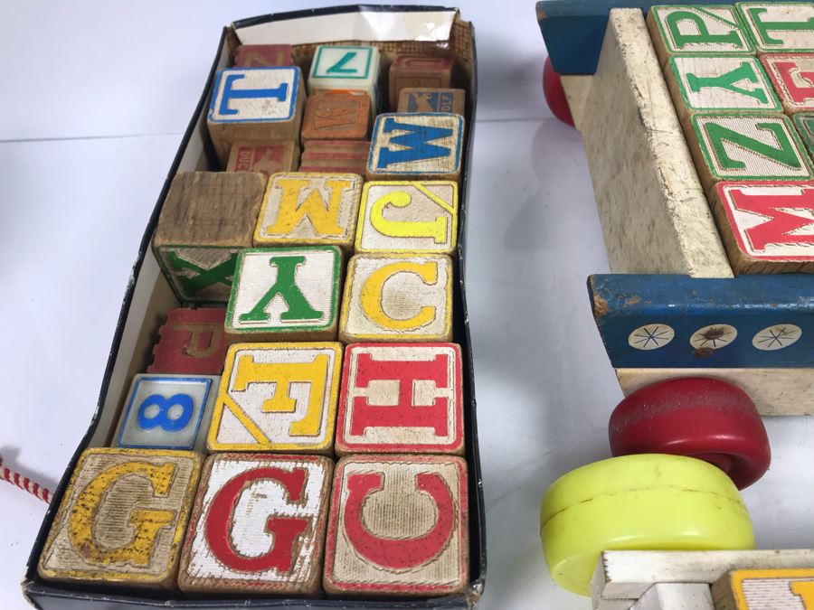 Collection Of Vintage Wooden Blocks And (2) Playskool Pull Wagons [Photo 8]