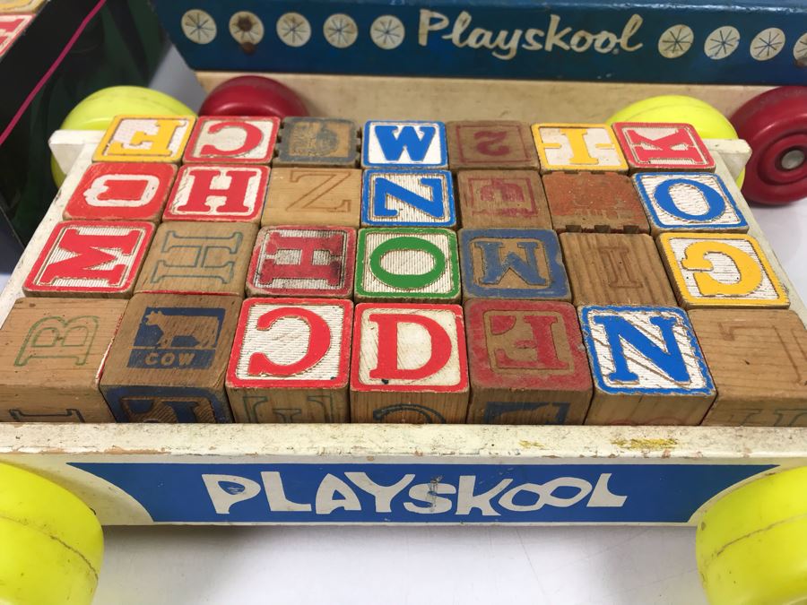 Collection Of Vintage Wooden Blocks And (2) Playskool Pull Wagons [Photo 3]