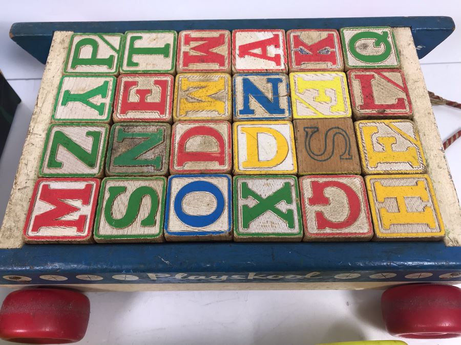 Collection Of Vintage Wooden Blocks And (2) Playskool Pull Wagons [Photo 5]