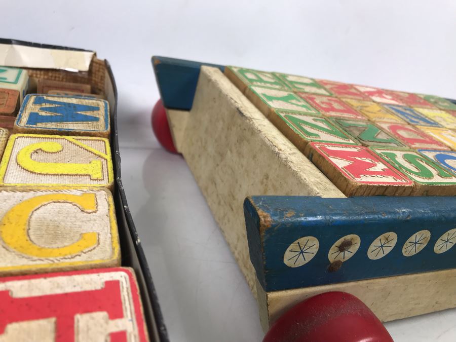Collection Of Vintage Wooden Blocks And (2) Playskool Pull Wagons [Photo 7]