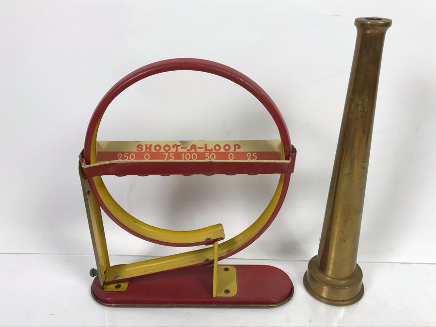 Old Brass Hose Nozzle And Vintage Shoot-A-Loop Metal Marble Game [Photo 1]