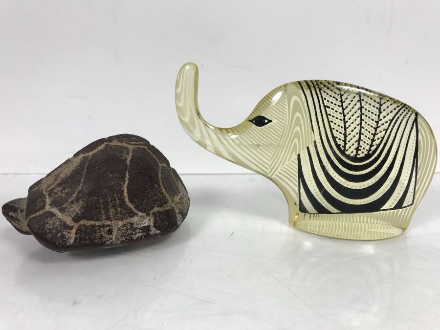 Carved Stone Turtle And Lucite Elephant Sculpture 3'H [Photo 1]