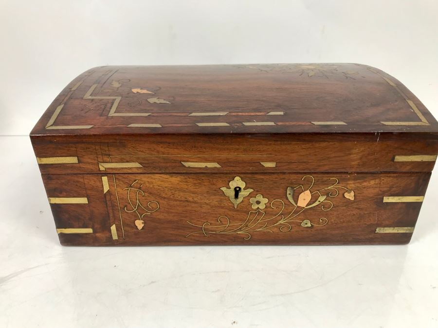 Vintage Wooden Brass And Copper Inlay Jewelry Box 12' X 8' - See Photos