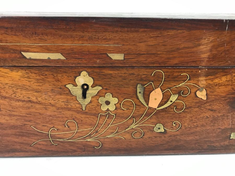 Vintage Wooden Brass And Copper Inlay Jewelry Box 12' X 8' - See Photos [Photo 5]