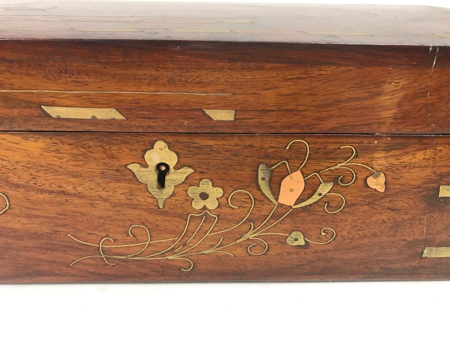Vintage Wooden Brass And Copper Inlay Jewelry Box 12' X 8' - See Photos [Photo 4]