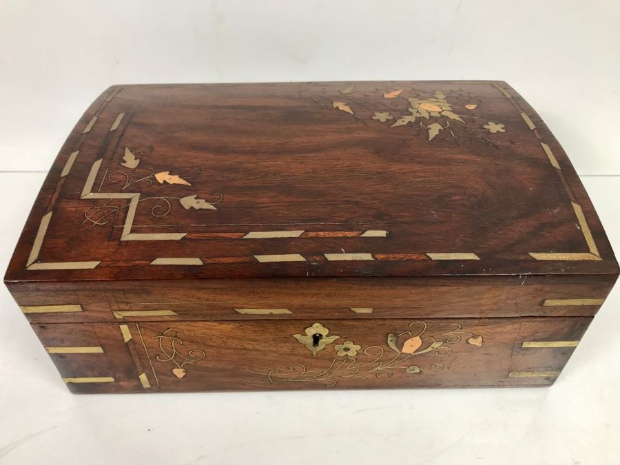 Vintage Wooden Brass And Copper Inlay Jewelry Box 12' X 8' - See Photos