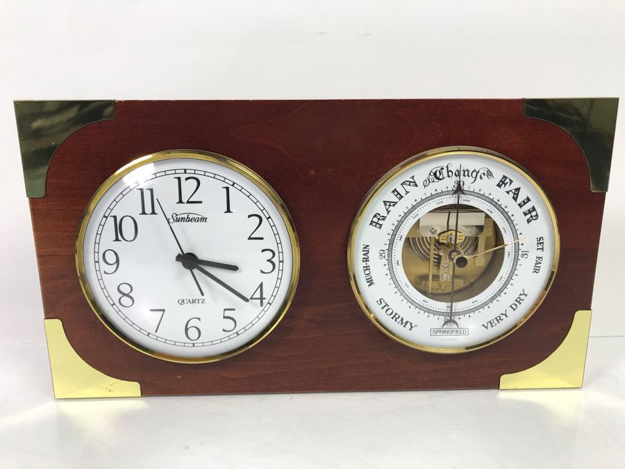 Clock And Springfield Weather Gauge Made In France In Wooden Case With Brass Accents 14' X 7.5'