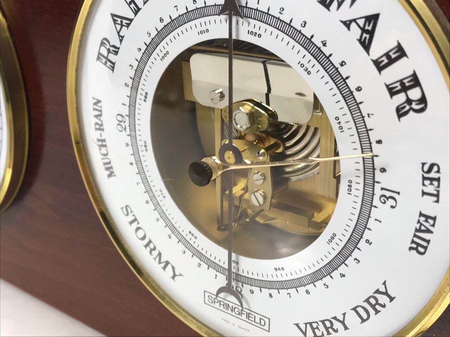 Clock And Springfield Weather Gauge Made In France In Wooden Case With Brass Accents 14' X 7.5' [Photo 7]