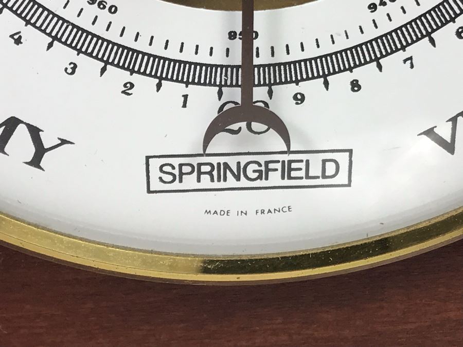 Clock And Springfield Weather Gauge Made In France In Wooden Case With Brass Accents 14' X 7.5' [Photo 5]