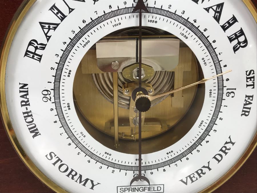 Clock And Springfield Weather Gauge Made In France In Wooden Case With Brass Accents 14' X 7.5' [Photo 4]