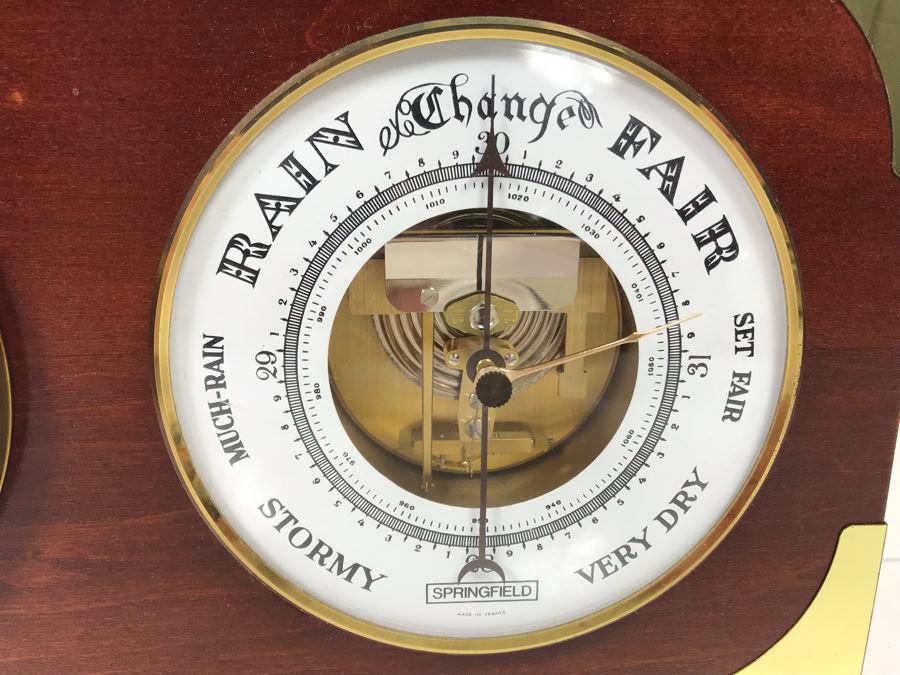 Clock And Springfield Weather Gauge Made In France In Wooden Case With Brass Accents 14' X 7.5' [Photo 3]
