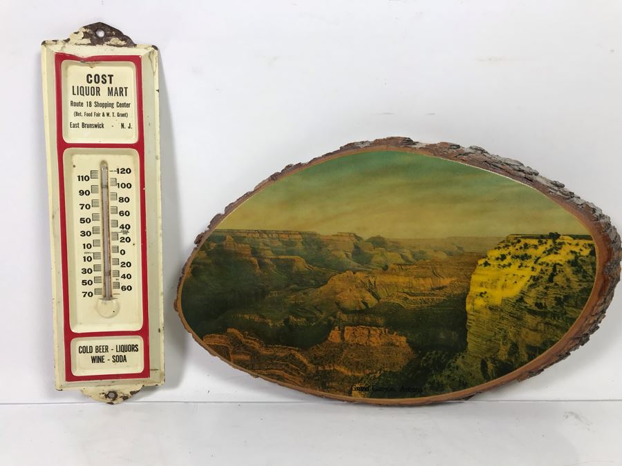 Vintage Grand Canyon, Arizona Tree Trunk With Print And Vintage Metal Advertising Thermometer East Brunswick, New Jersey [Photo 1]