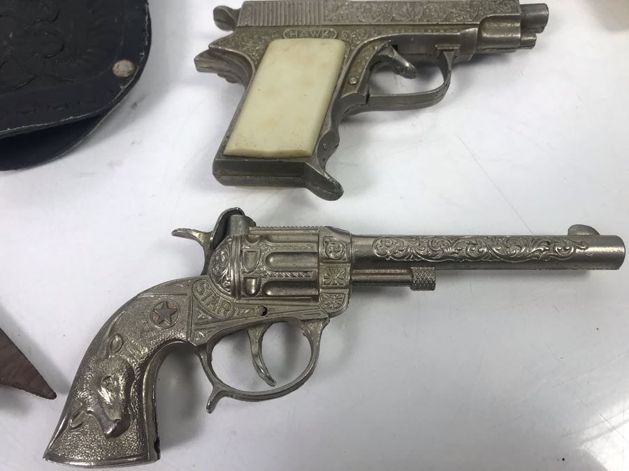 Collectible Toy Cap Guns And Holster With Tooled Leather Faux Metal Gun: Hubley Hawk, Star And Pair Of Gabriel Toy Guns [Photo 7]