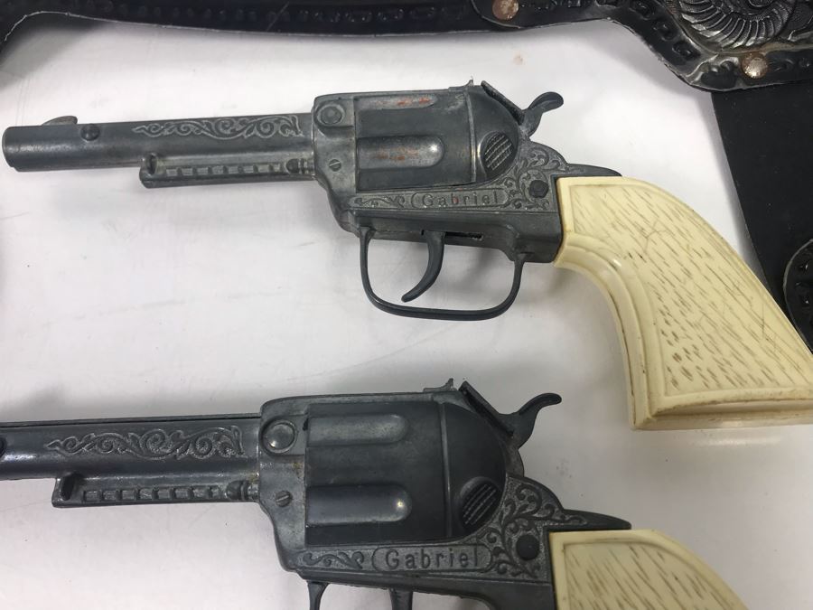 Collectible Toy Cap Guns And Holster With Tooled Leather Faux Metal Gun: Hubley Hawk, Star And Pair Of Gabriel Toy Guns [Photo 12]