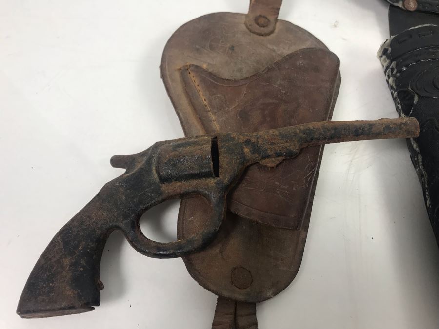 Collectible Toy Cap Guns And Holster With Tooled Leather Faux Metal Gun: Hubley Hawk, Star And Pair Of Gabriel Toy Guns [Photo 17]