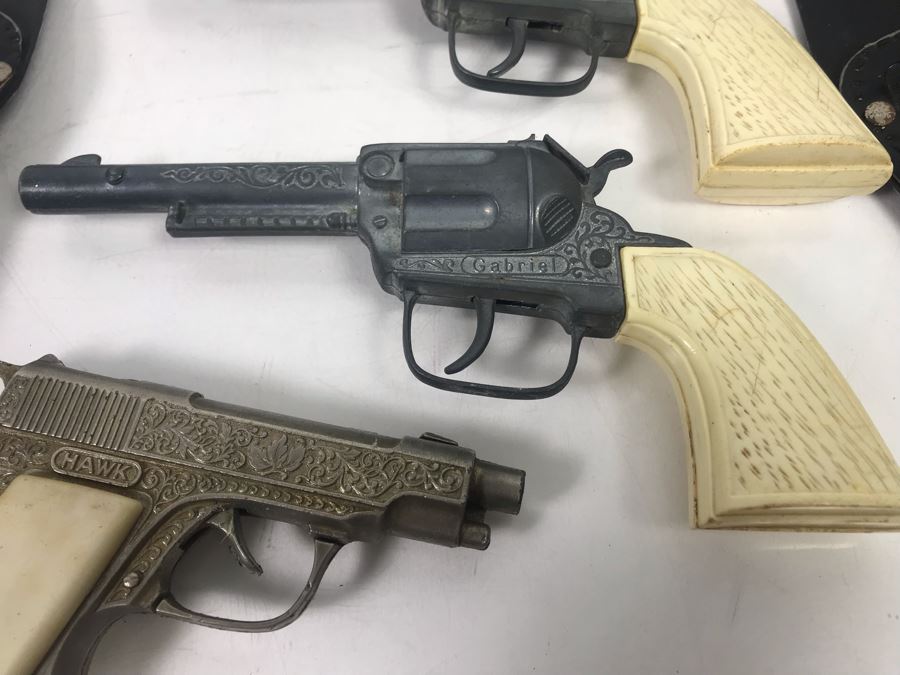 Collectible Toy Cap Guns And Holster With Tooled Leather Faux Metal Gun: Hubley Hawk, Star And Pair Of Gabriel Toy Guns [Photo 11]