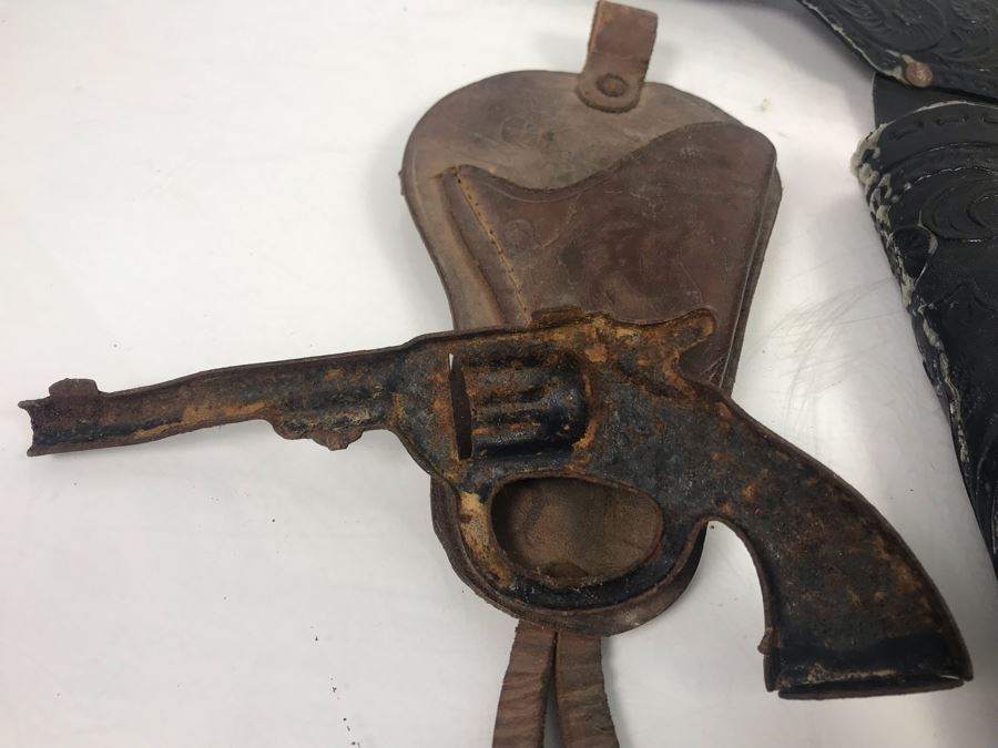 Collectible Toy Cap Guns And Holster With Tooled Leather Faux Metal Gun: Hubley Hawk, Star And Pair Of Gabriel Toy Guns [Photo 18]