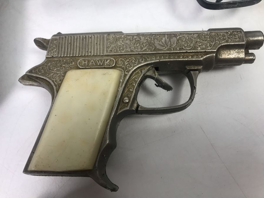 Collectible Toy Cap Guns And Holster With Tooled Leather Faux Metal Gun: Hubley Hawk, Star And Pair Of Gabriel Toy Guns [Photo 9]