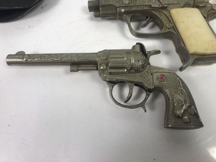 Collectible Toy Cap Guns And Holster With Tooled Leather Faux Metal Gun: Hubley Hawk, Star And Pair Of Gabriel Toy Guns [Photo 3]