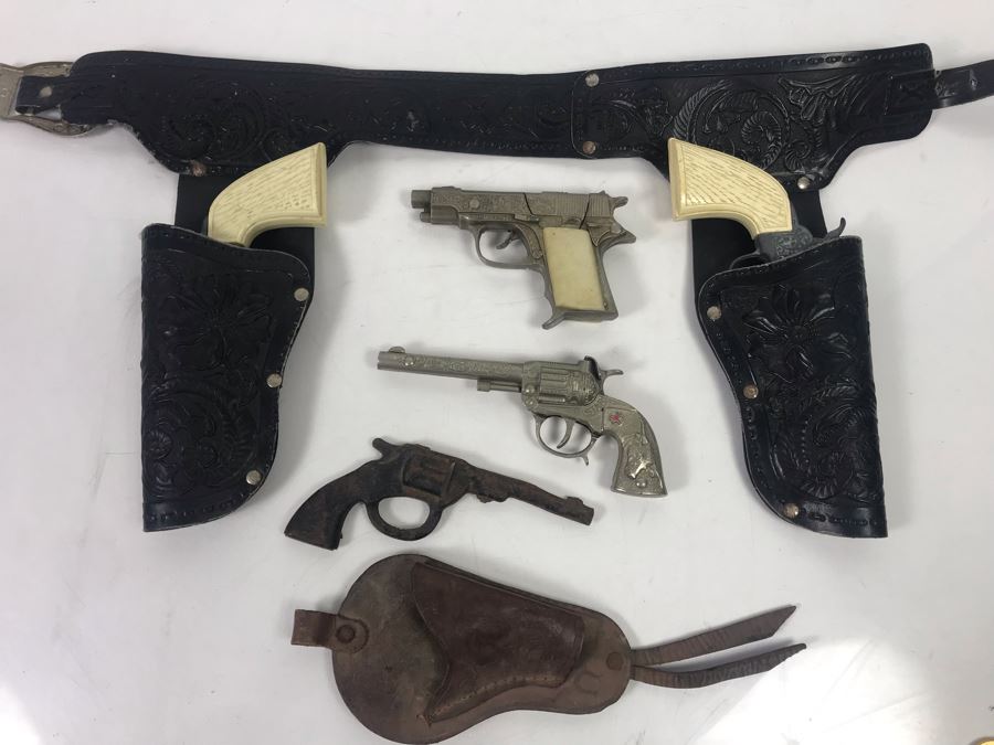 Collectible Toy Cap Guns And Holster With Tooled Leather Faux Metal Gun: Hubley Hawk, Star And Pair Of Gabriel Toy Guns [Photo 22]