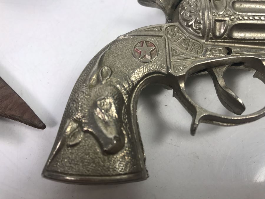 Collectible Toy Cap Guns And Holster With Tooled Leather Faux Metal Gun: Hubley Hawk, Star And Pair Of Gabriel Toy Guns [Photo 8]