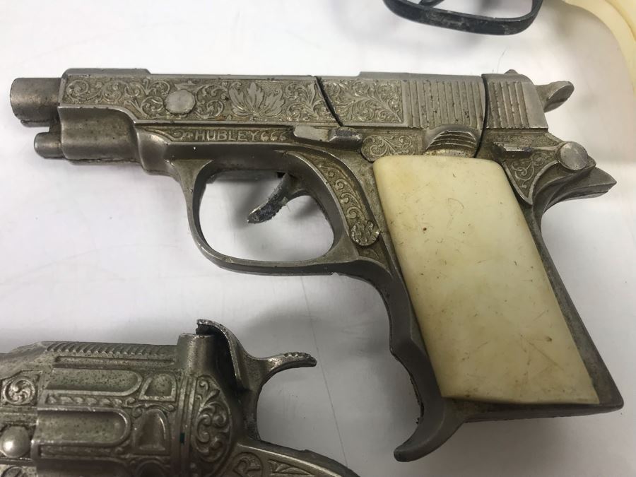 Collectible Toy Cap Guns And Holster With Tooled Leather Faux Metal Gun: Hubley Hawk, Star And Pair Of Gabriel Toy Guns [Photo 5]