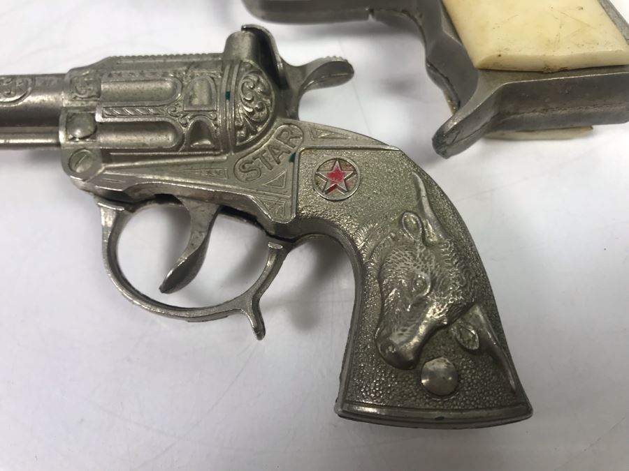 Collectible Toy Cap Guns And Holster With Tooled Leather Faux Metal Gun: Hubley Hawk, Star And Pair Of Gabriel Toy Guns [Photo 4]