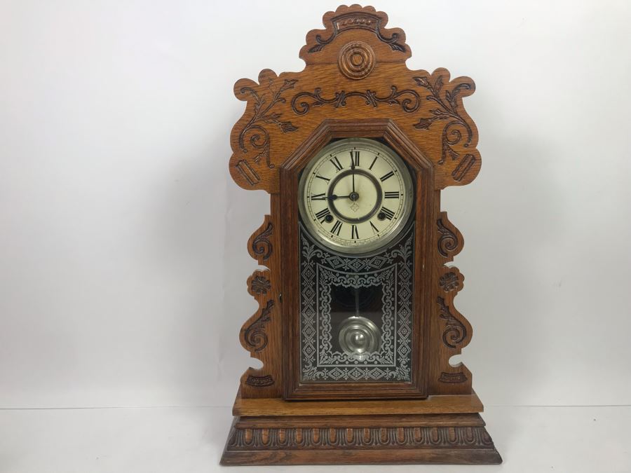 Ansonia Clock Co New York Carved Wooden Case Clock