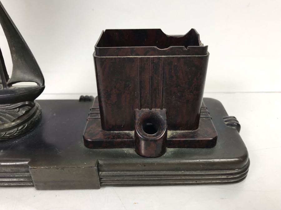 Vintage Art Deco Metal Sculpture Of Woman Holding Up Copper Tray 80059 Pat. (Missing Base) Part Of A Frankart Figural Smoking Stand And Art Deco Nautical Themed Desk Set (Holder Has Some Damage) [Photo 4]