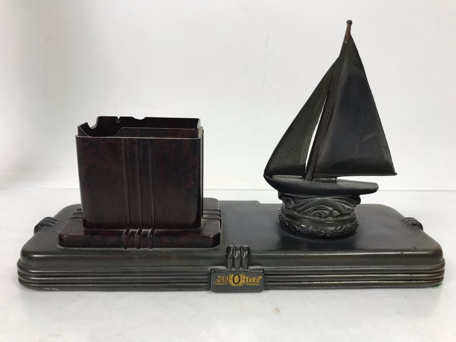 Vintage Art Deco Metal Sculpture Of Woman Holding Up Copper Tray 80059 Pat. (Missing Base) Part Of A Frankart Figural Smoking Stand And Art Deco Nautical Themed Desk Set (Holder Has Some Damage) [Photo 6]