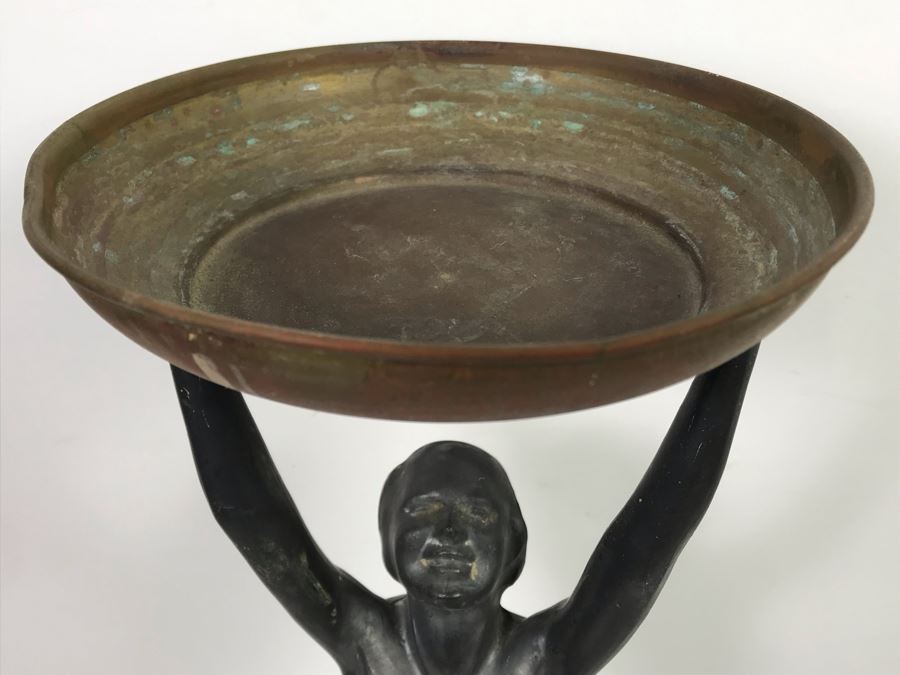 Vintage Art Deco Metal Sculpture Of Woman Holding Up Copper Tray 80059 Pat. (Missing Base) Part Of A Frankart Figural Smoking Stand And Art Deco Nautical Themed Desk Set (Holder Has Some Damage) [Photo 9]