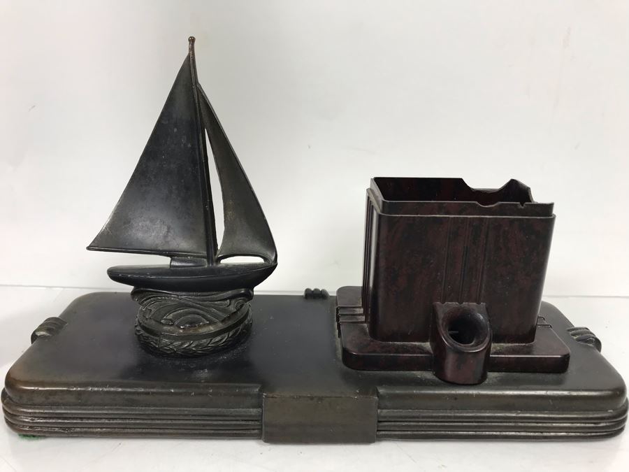 Vintage Art Deco Metal Sculpture Of Woman Holding Up Copper Tray 80059 Pat. (Missing Base) Part Of A Frankart Figural Smoking Stand And Art Deco Nautical Themed Desk Set (Holder Has Some Damage) [Photo 3]