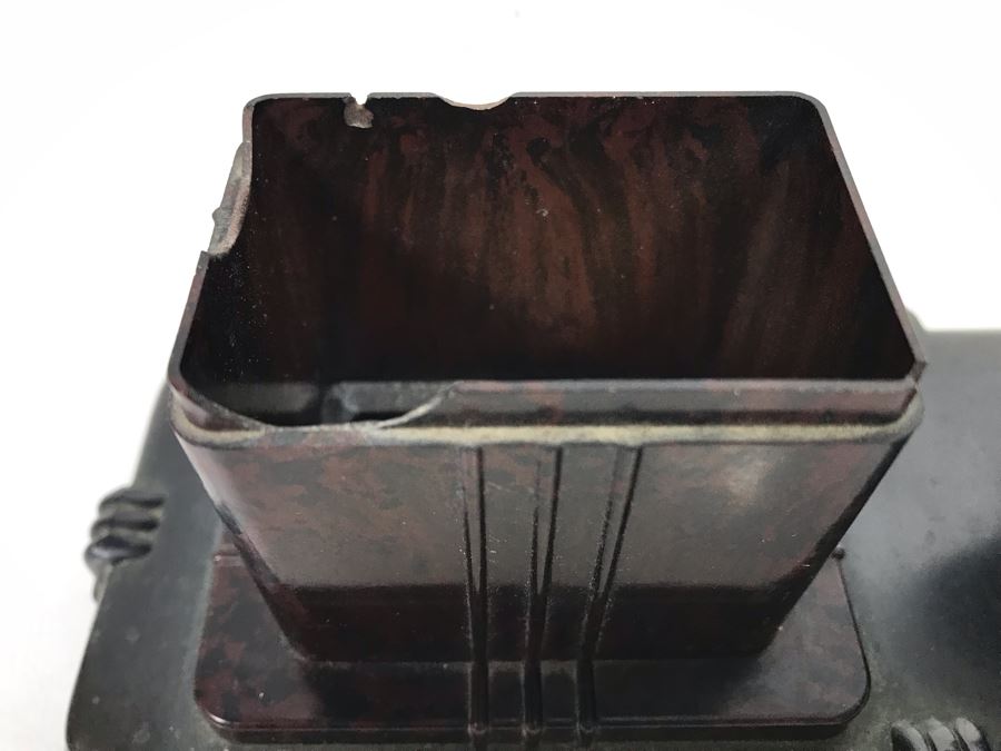 Vintage Art Deco Metal Sculpture Of Woman Holding Up Copper Tray 80059 Pat. (Missing Base) Part Of A Frankart Figural Smoking Stand And Art Deco Nautical Themed Desk Set (Holder Has Some Damage) [Photo 7]