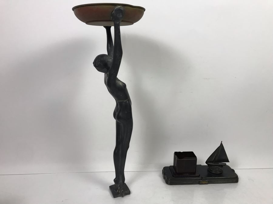 Vintage Art Deco Metal Sculpture Of Woman Holding Up Copper Tray 80059 Pat. (Missing Base) Part Of A Frankart Figural Smoking Stand And Art Deco Nautical Themed Desk Set (Holder Has Some Damage) [Photo 12]