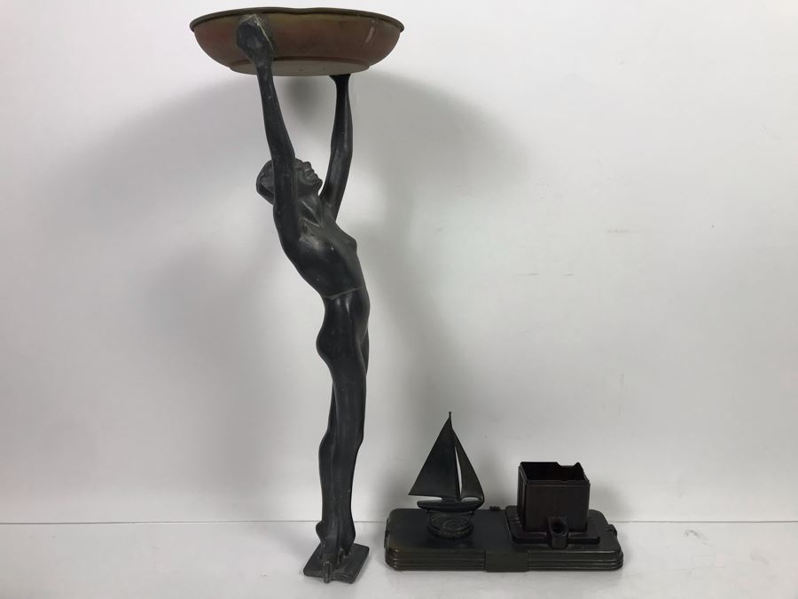 Vintage Art Deco Metal Sculpture Of Woman Holding Up Copper Tray 80059 Pat. (Missing Base) Part Of A Frankart Figural Smoking Stand And Art Deco Nautical Themed Desk Set (Holder Has Some Damage) [Photo 1]