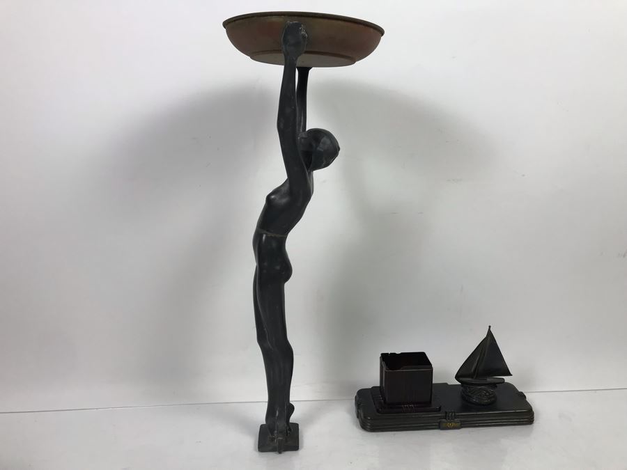 Vintage Art Deco Metal Sculpture Of Woman Holding Up Copper Tray 80059 Pat. (Missing Base) Part Of A Frankart Figural Smoking Stand And Art Deco Nautical Themed Desk Set (Holder Has Some Damage) [Photo 14]