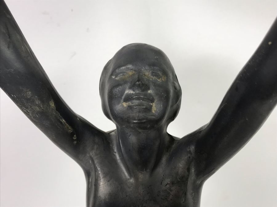 Vintage Art Deco Metal Sculpture Of Woman Holding Up Copper Tray 80059 Pat. (Missing Base) Part Of A Frankart Figural Smoking Stand And Art Deco Nautical Themed Desk Set (Holder Has Some Damage) [Photo 10]