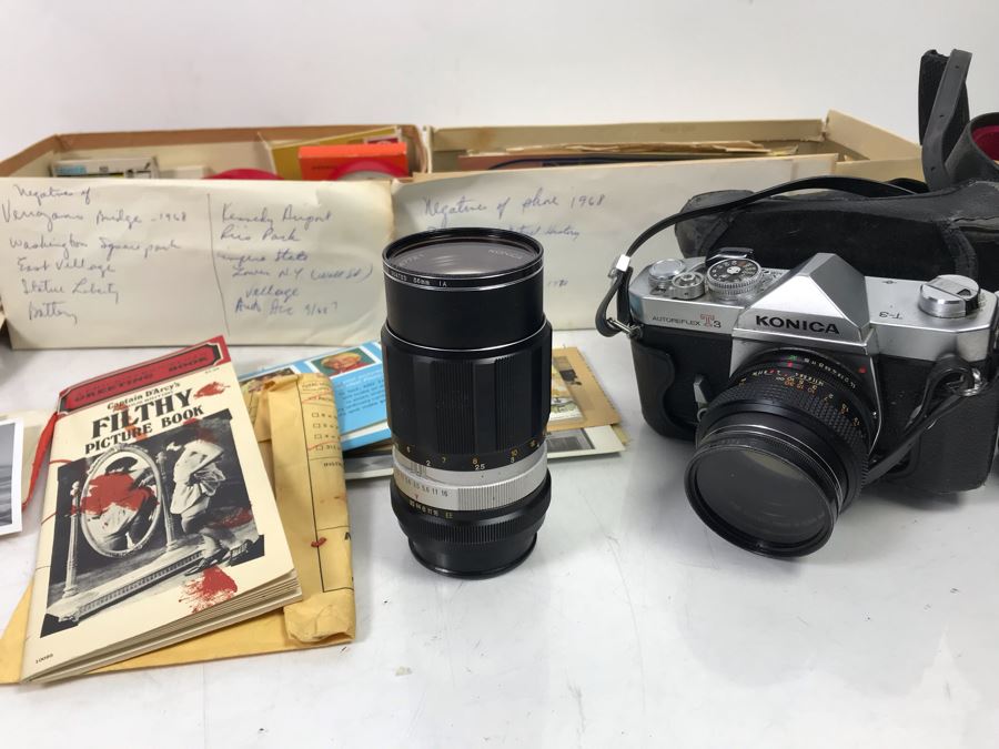 Vintage Konica Film Camera With Extra Lens And Various 1960s Photographs, Slides And Films Including Statue Of Liberty, Kennedy Airport, Museum Of Natural History, Beauty Show - See Photos [Photo 2]